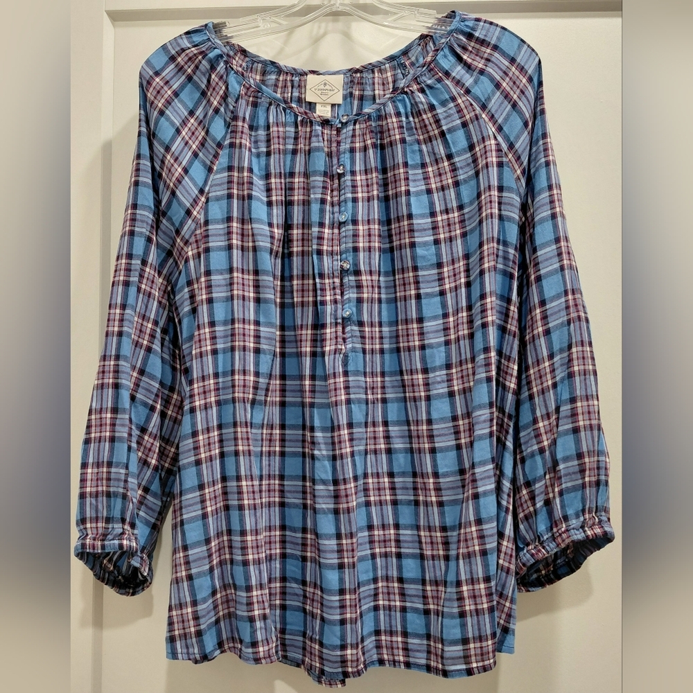 St. John's Bay Blue Plaid Blouse Sz XXL Button Down, Balloon Sleeves